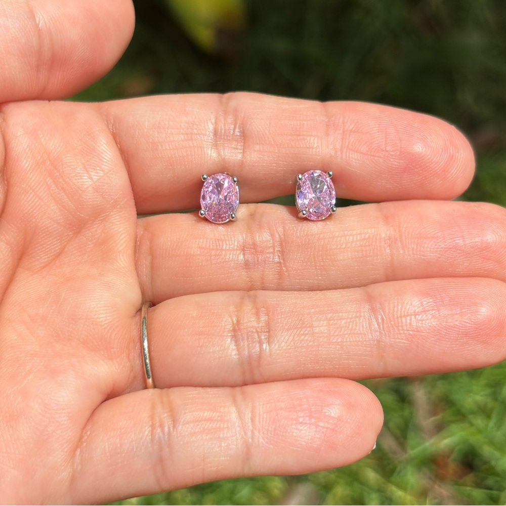18K White Gold Plated Baby Pink Diamond Stud Earrings - Picture 4 of 6
